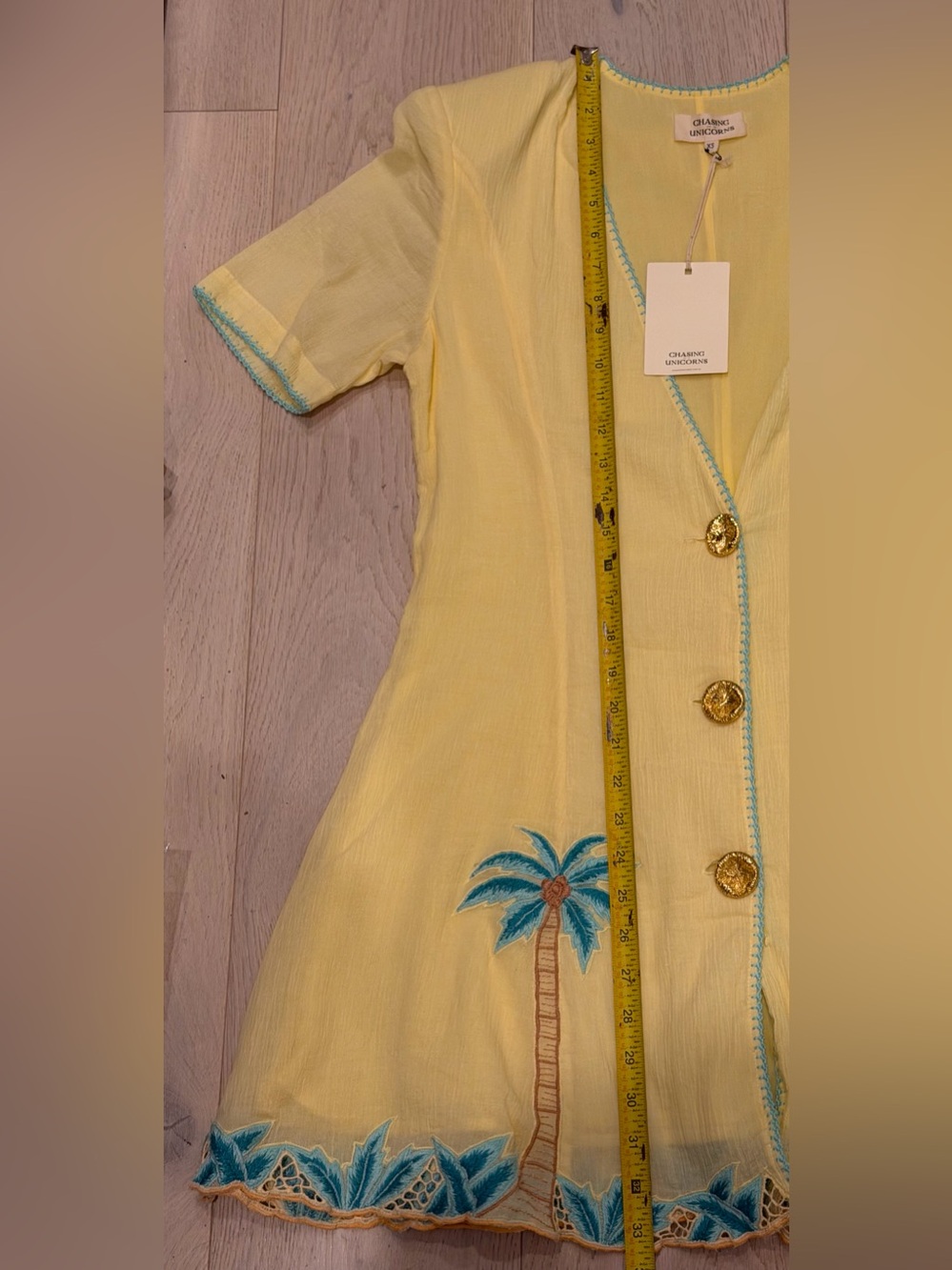 Chasing Unicorns Yellow Mini Dress with Turquoise Embroidery BNWT XS - Picture 10 of 16